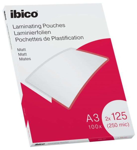 Ibico Caja de 100 Laminas de Plastificar Mate A3 125 Micras - Superficie Mate - Plastifica Papel, Fotos, Tarjetas de Visita - Tr