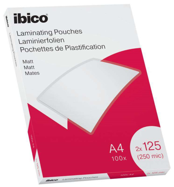 Ibico Caja de 100 Laminas de Plastificar Mate A4 125 Micras - Superficie Mate - Plastifica Papel, Fotos, Tarjetas de Visita - Tr