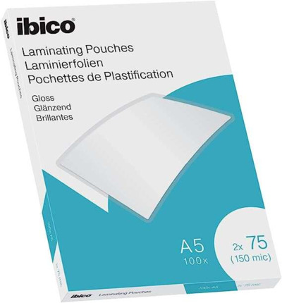 Ibico Gloss Pack de 100 Laminas para Plastificar  A5 150 Micras - Acabado Brillante - Plastifica Papel, Fotos, Tarjetas de Visita, Recursos Escolares y Mas - Transparentes