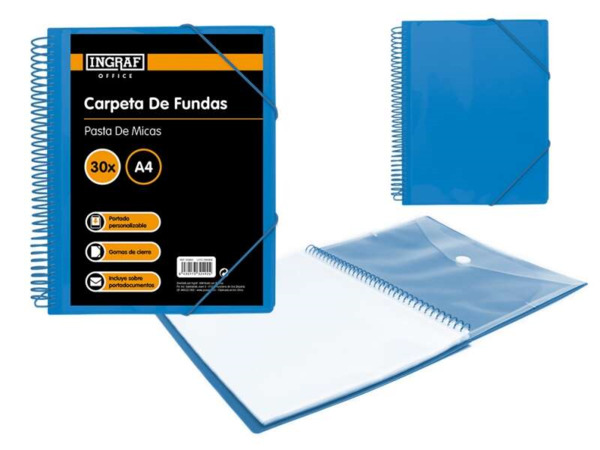 Ingraf Carpeta 30 Fundas A4 + Sobre con Broche - Espiral Plastica Indeformable - Apertura 360 Grados - Portada Personalizable -
