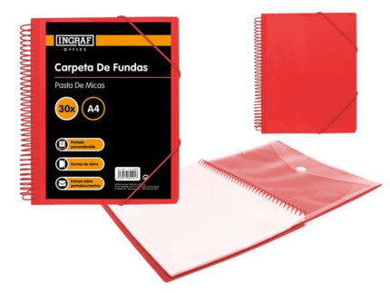 Ingraf Carpeta 30 Fundas con Sobre Portada - Polipropileno Rigido - Espiral Plastica Indeformable - Apertura 360 Grados - Sobre Transparente con Cierre de Broche - Color Rojo