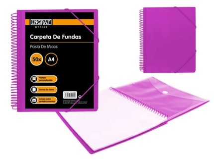Ingraf Carpeta 50 Fundas con Sobre Portadocumentos - Polipropileno Rigido - Tamaño A4 - Espiral Plastica Indeformable - Apertura 360 Grados - Sobre Transparente con Cierre de Broche - Color Morado