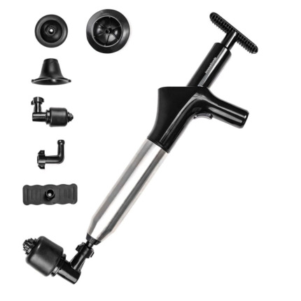 Innovagoods Jetpro Desatascador de Aire Comprimido 5 en 1 con Accesorios - Alta Presion - Acero Inoxidable - Manometro Incluido - Presion Ajustable - Color Negro