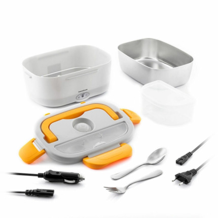 Innovagoods Lunffi Fiambrera Electrica - Capacidad 1.5L - Temperatura hasta 90Â°C - Potencia 60W - Cables Extraibles - Recipiente de Acero Inoxidable - Tapa con Valvula - Color Naranja y Blanco