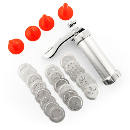 Innovagoods Prekies Maquina para Masa de Galletas 2 en 1 - Manga Pastelera - Incluye Plantillas - Facil Limpieza - Mango Ergonomico - Desmontable - Incluye Receta - 14x21.5x5.9cm - Color Gris