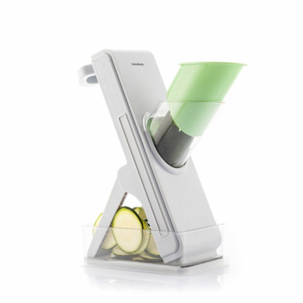Innovagoods Slichen Mandolina Cortadora de Verduras 5 en 1 - Cuchillas Intercambiables - Plegable - Incluye Recipiente - Facil Limpieza - Seguro - 10x26.5x22cm - Color Gris, Verde y Transparente