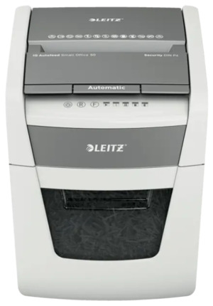 Leitz IQ Autofeed 50X P4 Destructora Automatica de Papel Corte en Particulas P-4 - Autoalimentacion 50 Hojas, Manual 6 Hojas - Papelera de 20L - Color Blanco