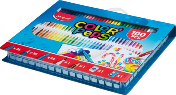 Maped Color`Peps Pack de 100 Piezas para Colorear - 36 Rotuladores, 36 Lapices, 24 Ceras, 1 Rotulador Punta Pincel, 1 Lapiz Graf