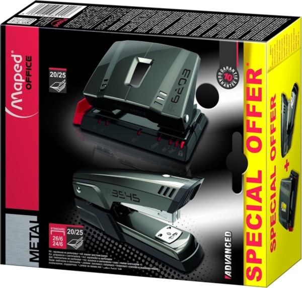 Maped Pack de Grapadora Metalica A3545 + Taladro Metalico A6203 - Grapa hasta 25 Hojas a la Vez - Admite Grapas 24/6 y 26/6 - Pe