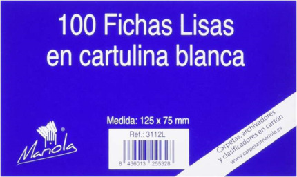 Mariola Pack de 100 Fichas Lisas Nº2 para Fichero - Medidas 125x75mm - Color Blanco
