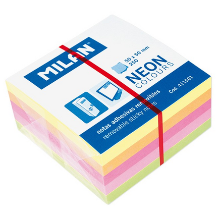 Milan Bloc de 250 Notas Adhesivas Neon Mini - Removibles - Medidas 50mm x 50mm - Colores Surtidos