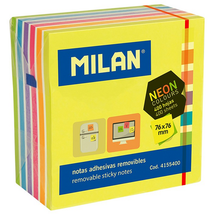 Milan Bloc de 400 Notas Adhesivas Neon - Removibles - 76mm x 76mm - Colores Surtidos