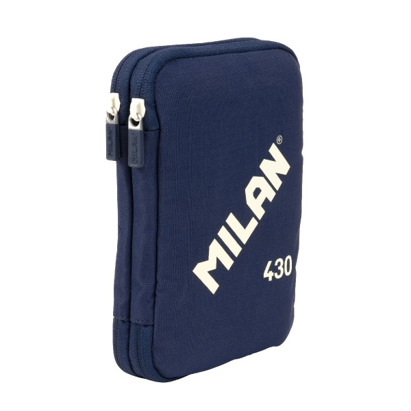 Milan Coleccion 430 Plumier de 2 Pisos con 2 Gomas de Borrar, Sacapuntas, Lapiz, Boligrafo P1 Touch Azul, Regla, 12 Lapices de C