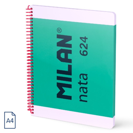 Milan Nata 624 Cuaderno Espiral Formato A4 Cuadricula 5x5mm - 80 Hojas de 95 gr/m2 - Microperforado, 4 Taladros - Color Verde