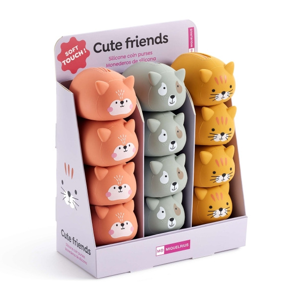 Miquel Rius Back2Fun Animales Cute Expositor con 12 Monederos de Silicona - 4 de cada Modelo de Animal - Cierre con Cremallera
