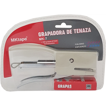 MKtape MK7 Pack de Grapadora de Tenaza + 500 Grapas Nº 26/6 - Hasta 20 Hojas - Color Blanco
