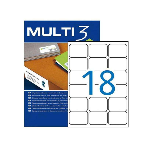 Multi3 Pack de 1800 Etiquetas Blancas TamaÃ±o 63,5x46,6mm - Cantos Romos - Aptas para Imprimir