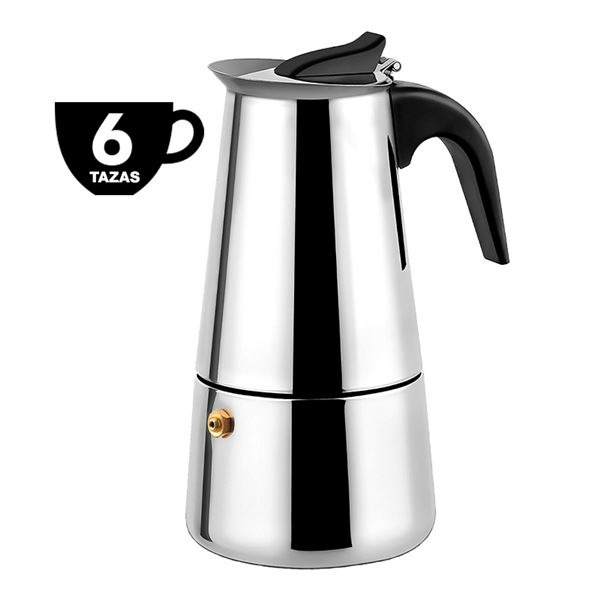 Muvip Cafetera Italiana de Acero Inoxidable - Capacidad para 6 Tazas - Compatible con Diferentes Tipos de Cocinas - Asa Ergonomi