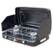 Muvip Cocina de Gas 2 Fuegos + Protectores Contra Viento - Protectores contra el Viento - Base Antideslizante - Color Negro