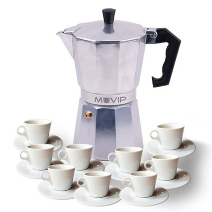 Muvip MV0602 Cafetera de Aluminio - Capacidad 9 Tazas - Mango Ergonomico - Antiadherente - Apta para Placas Electricas, Vitroceramicas y Gas - Color Aluminio