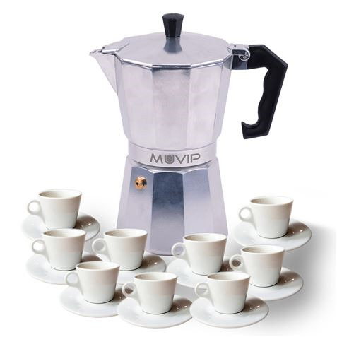 Muvip MV0602 Cafetera de Aluminio - Capacidad 9 Tazas - Mango Ergonomico - Antiadherente - Apta para Placas Electricas, Vitrocer