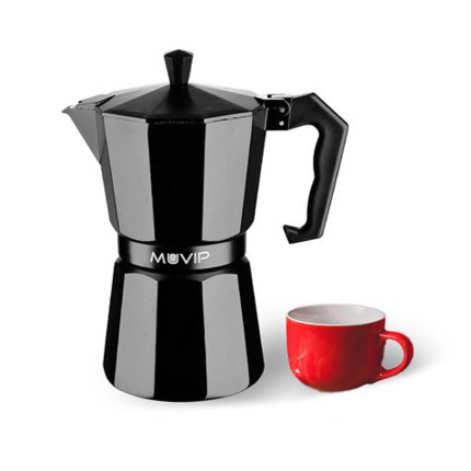 Muvip MV0603 Cafetera de Aluminio - Capacidad 1 Taza - Mango Ergonomico - Antiadherente - Apta para Placas Electricas, Vitroceramicas y Gas - Color Negro Mate