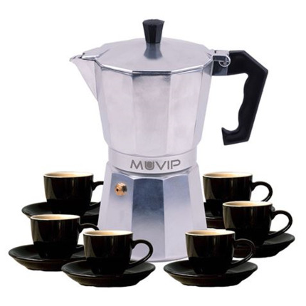 Muvip MV0604 Cafetera de Aluminio - Capacidad 6 Tazas - Mango de Baquelita Termoresistente Ergonomico - Apta para Placas Electricas, Vitroceramicas, Gas e Induccion - Color Aluminio