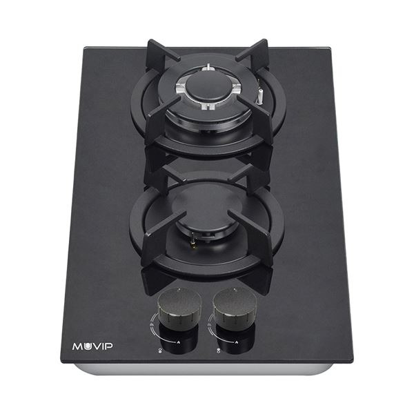 Muvip MV0627 Cocina de Gas Encastrable - 2 Zonas de Coccion de 26cm - Quemador y Soportes de Hierro Fundido - Cristal Templado d