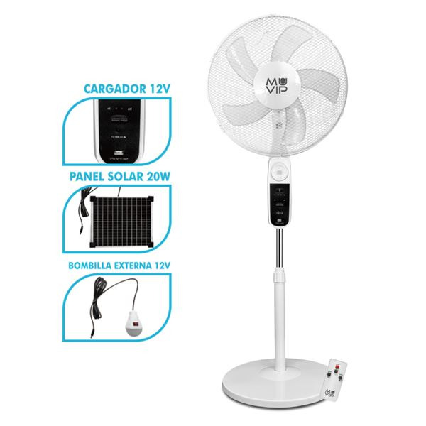 Muvip Ventilador de Pie Solar - 12000mAh - 40cm - 4 Velocidades - Luz LED - USB - Color Blanco
