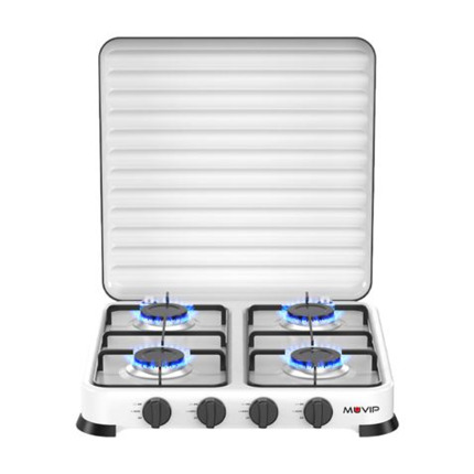 Muvip Vulcano Cocina de Gas con 4 Fuegos - Tapa Protectora - Patas de Goma - Superficie Esmaltada - Quemador Extraible - 47.8x47.8x60cm - Color Blanco