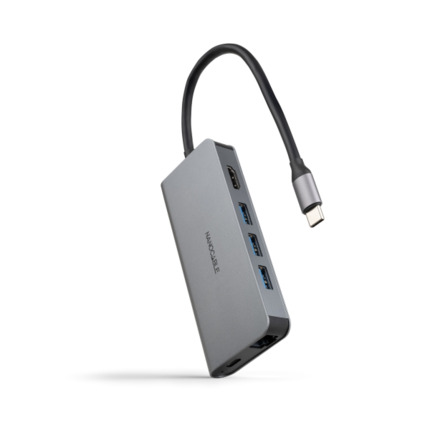 Nanocable HUB USB-C 8 en 1 - Conversor USB-C 3.1 a 3 x USB-A 3.0 + USB-C PD 100W + HDMI 4K@60Hz + RJ45 + TF + SD - Aluminio - 18cm - Color Gris
