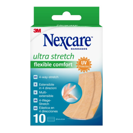 Nexcare Flexible Comfort Finger Pack de 10 Apositos para Heridas - 6x10cm - Elastico - Resistente al Agua - Color Piel