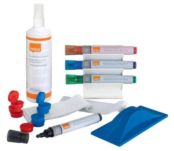 Nobo Pack de Accesorios para Pizarra Blanca - Incluye 4 Rotuladores, Borrador Magnetico, Spray de Limpieza y 10 Imanes - Practic