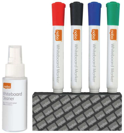 Nobo Kit Basico Accesorios Pizarra Blanca Borrado Seco - 4 Rotuladores Pizarra - Borrador Pizarra - Spray Limpiador 50Ml - Negro, Azul, Rojo, Verde - Color Blanco