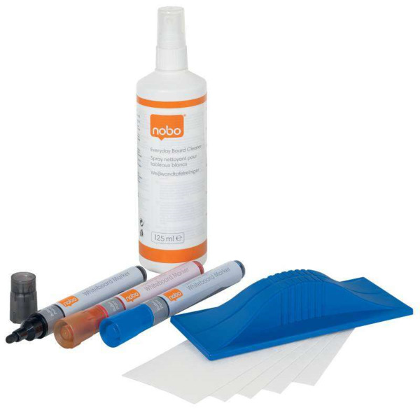 Nobo Pack de Accesorios para Pizarra Blanca - Incluye Rotuladores, Borrador Magnetico, Spray de Limpieza e Imanes - Practico y C