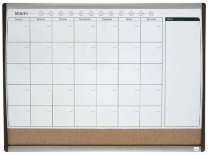 Nobo PlaNIFicador Pizarra Magnetica Pequeña con Tablero de Anuncios de Corcho 585x430mm - Semanal y Mensual - Marco Plateado y Negro - Blanco