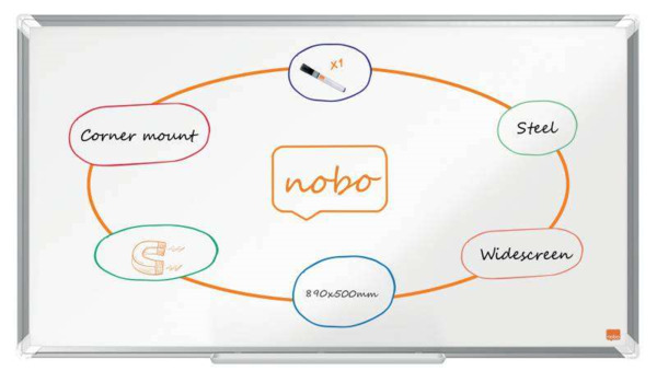 Nobo Premium Plus Pizarra Magnetica de Acero Lacado Panoramica 890x500mm - Montaje en Esquina - Blanco
