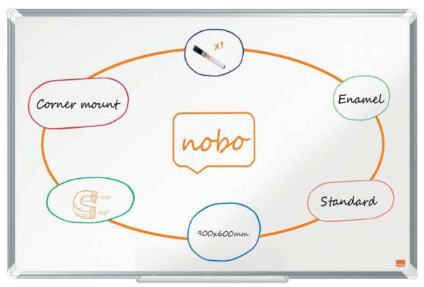 Nobo Premium Plus Pizarra Magnetica de Acero Vitrificado 900x600mm - Montaje en Esquinas - Superficie de Borrado Superior - Colo