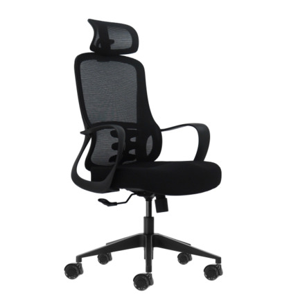 Oqonos Cherg 004 Silla de Oficina Ergonomica con Reposacabezas Cervical Ajustable, Respaldo de Malla Transpirable, Piston de Gas Clase 4, Soporte Lumbar, Reposabrazos Fijos, Asiento Ergonomico Moldeado y Ruedas de Silicona - Negro