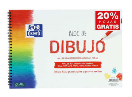 Oxford Bloc de Dibujo Escolar Espiral Formato A4+ Liso - 20 Hojas Microperforadas 130gr Color natural - Papel de SuperfÃ­cie Rugosa