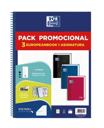 Oxford Europeanbook 1 Classic Pack de 3 Cuadernos Espiral Formato A4+ Cuadriculado 5x5mm - 80 Hojas 90gr - Tapa Extradura Tacto Suave - Recuadro de Color - Colores Vivos Surtidos