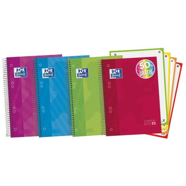 Oxford Europeanbook 4 Cuaderno Espiral Formato A5+ Cuadriculado 5x5mm - 120 Hojas 90gr - Tapa Extradura acabado Brillante - 4 Ba