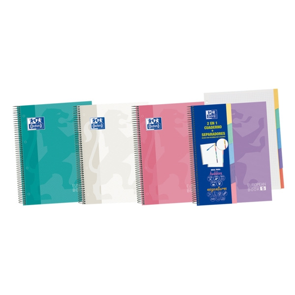 Oxford Europeanbook A5+ Cuaderno Espiral 100 Hojas Cuadricula 5x5 - Tapa Extradura Acabado Brillante - 5 Pestañas Troqueladas -