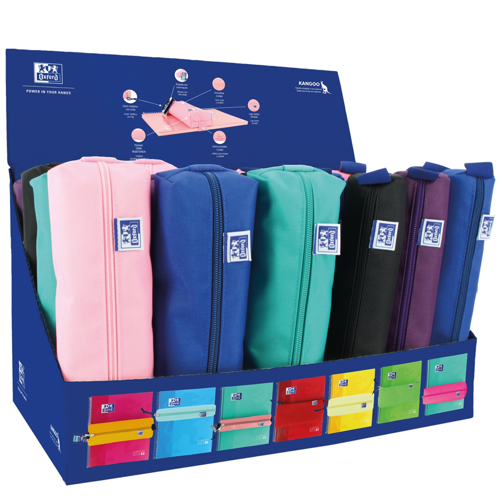 Oxford Kangoo Teens Expositor de 24 Estuches (12 rectangulares medianos, 12 redondos pequeños) - Goma Elastica para unirlo al Cu