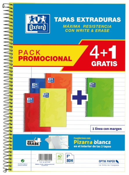 Oxford School Classic Write&Erase Pack 4+1 FÂº - Cuaderno Espiral - Tapa Extradura - 1 Linea con Margen - 80 Hojas - Colores Sur