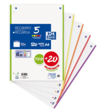 Oxford School Pack de 5 A4 Recambio - Liso - Promocion 100+20 Hojas - Colores Surtidos