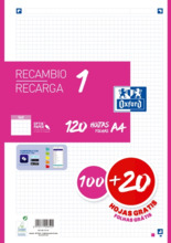 Oxford School Recambio A4 120 Hojas Cuadricula 5x5mm - 4 Taladros - Banda de Color Fucsia