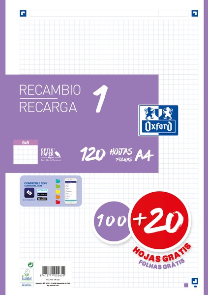 Oxford School Recambio A4 120 Hojas Cuadricula 5x5mm - 4 Taladros - Banda de Color Lila