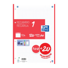 Oxford School Recambio A4 120 Hojas Cuadricula 5x5mm - 4 Taladros - Banda de Color Rojo