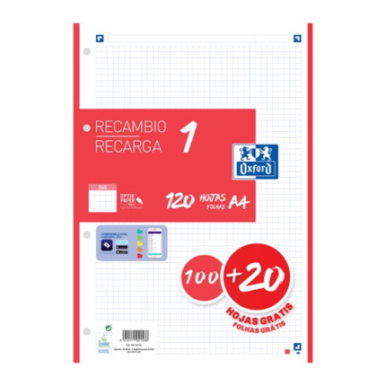 Oxford School A4 Recambio - 5x5 - 100+20 Hojas - Color Rojo